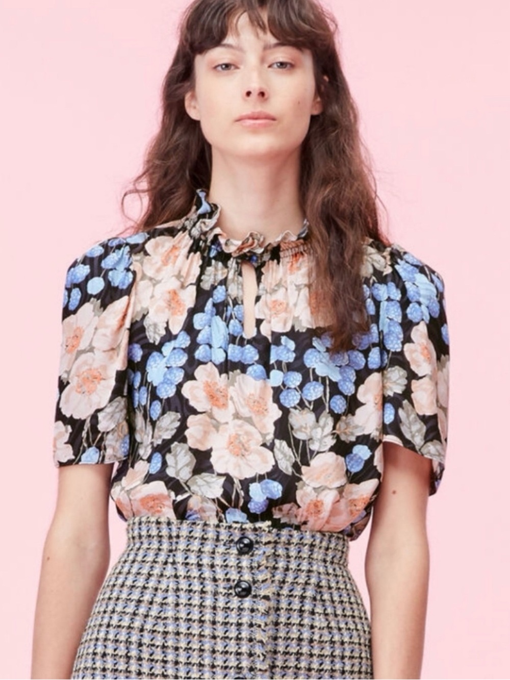 NWOT$295 Rebecca Taylor Blush Rose Swirl Silk Blend Floral Blouse, Top S Small